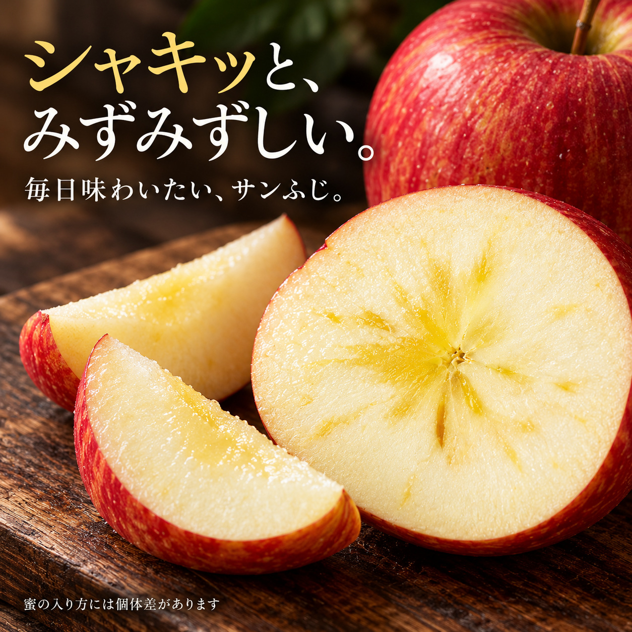 津軽産サンふじの果実と断面の一例。蜜の入り方には個体差があります。