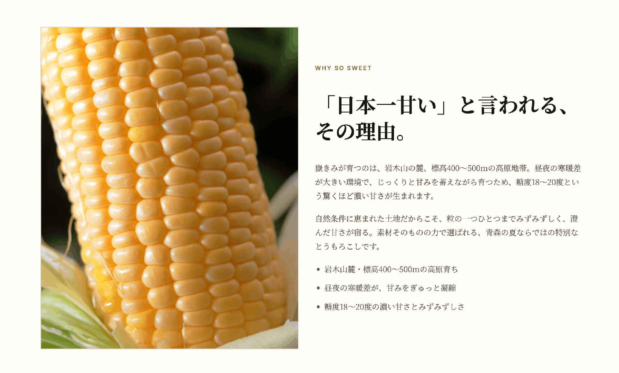 糖度18〜20度の甘い嶽きみ